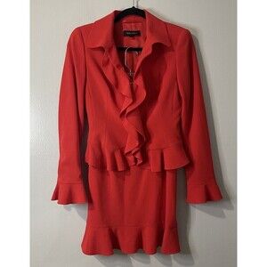 ESCADA Skirt Suit Set Size 36 Red Ruffle 100% Wool Career Business Designer